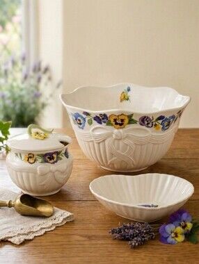 Vintage Belleek Pottery Ireland "Enchanted Garden" 3 Piece Porcelain Set